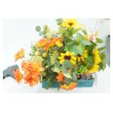 Decor Lot: Artificial Flowers, Vases, Wicker Basket