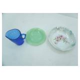 Vintage Fire King Jadeite Alice Pattern Saucer, Hazel-Atlas Shirley Temple Cobalt Blue Glass Creamer Pitcher