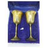Set of Vintage Brass Wine Goblets and Purple Case