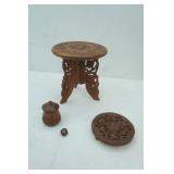 Vintage Hand-Carved Indian Folding Mini Table, jar, 3 footed round platter