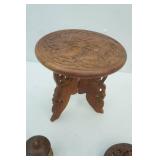 Vintage Hand-Carved Indian Folding Mini Table, jar, 3 footed round platter