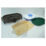 Grill Pan w/no lid, NEW/Like new covered relish tray with dip container and cover, wooden Emeril cutting board