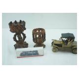 Vintage Hand-Carved Wooden Decorative Goblet & Candle Holder; Vintage 1908 Ford Model T Brass Model Car