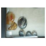 Polished Stones and Sliced Agates in Glass Case