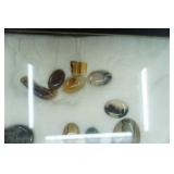Polished Stones and Sliced Agates in Glass Case