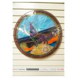 Round Stained Glass Wolf Window Hanging w/sliced agate. 22" diameter