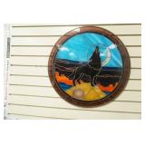 Round Stained Glass Wolf Window Hanging w/sliced agate. 22" diameter