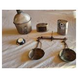 Aladdin N-E C1 Hand Warmer, Luverne National Bank Mechanical Bank, Vintage Military Canteen, and Balance Scale