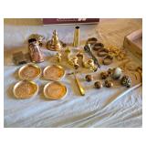 Assorted Brass and Metal Decorative Items Including Plates, Shoe Figurine, Napkin Rings and Knobs