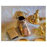 Assorted Brass and Metal Decorative Items Including Plates, Shoe Figurine, Napkin Rings and Knobs