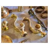 Assorted Brass and Metal Decorative Items Including Plates, Shoe Figurine, Napkin Rings and Knobs