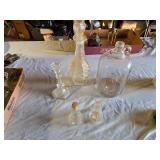 Glassware Collection including Cut Glass Decanter, Large Jug, and Candlestick Holders