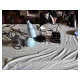 Table Lamps Including Black Metal Gooseneck Desk Lamp, Blue Adjustable Lamp, and Glass Pyramid Lamp