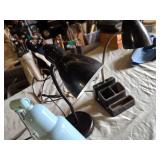 Table Lamps Including Black Metal Gooseneck Desk Lamp, Blue Adjustable Lamp, and Glass Pyramid Lamp