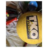 Crane Exercise Ball, TKO Medicine Ball, Clubz Weighted Club, and Hand Grips