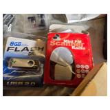 Assorted Electronics and Accessories including USB 2.0 Printer Cable, Mini FM Scanner Radio, and 8GB Flash Drive