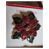 Liz Claiborne Holiday Brooch Set Including Christmas Tree, Bow, and Poinsettia Designs