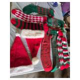 Christmas hats and stockings including festive designs and patterns