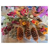 Lot of Decorative Fall and Holiday Items including Large Pine Cones, Baskets, and Floral Arrangements