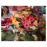 Lot of Decorative Fall and Holiday Items including Large Pine Cones, Baskets, and Floral Arrangements