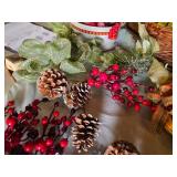 Lot of Decorative Fall and Holiday Items including Large Pine Cones, Baskets, and Floral Arrangements