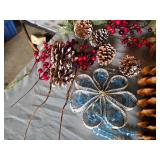 Lot of Decorative Fall and Holiday Items including Large Pine Cones, Baskets, and Floral Arrangements