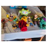 Lot of Toys and Action Figures Including Disney Characters and Plush Toys