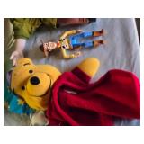 Lot of Toys and Action Figures Including Disney Characters and Plush Toys