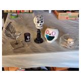 Decorative Halloween Skull and Feather Decor Set including Skeleton Candle Holder, Sugar Skull Stand, and Glass Bowl