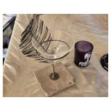 Decorative Halloween Skull and Feather Decor Set including Skeleton Candle Holder, Sugar Skull Stand, and Glass Bowl