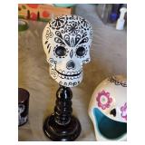 Decorative Halloween Skull and Feather Decor Set including Skeleton Candle Holder, Sugar Skull Stand, and Glass Bowl