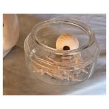 Decorative Halloween Skull and Feather Decor Set including Skeleton Candle Holder, Sugar Skull Stand, and Glass Bowl