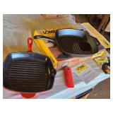 Lodge Cast Iron Grill Pan Set with Red Silicone Handle Holder and Other Cast Iron Grill Pan