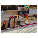 Lot of Tools and Hardware Items including Stanley Tape Measure, Hammer, and Flashlight