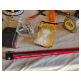 Lot of Tools and Hardware Items including Stanley Tape Measure, Hammer, and Flashlight