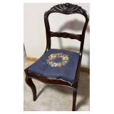Base BR - Antique Carved Mahogany Chair - Blue Floral Upholstery Seat