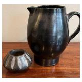 DR - Prinknash Abbey Pottery Pitcher & Small Vintage Black on Black Pottery Dish - Black Glaze
