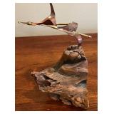 DR - Vintage Brass Bird on Driftwood Sculpture