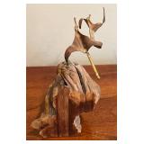 DR - Vintage Brass Bird on Driftwood Sculpture