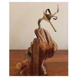 DR - Vintage Brass Bird on Driftwood Sculpture