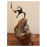 DR - Vintage Brass Bird on Driftwood Sculpture