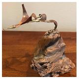 DR - Vintage Brass Bird on Driftwood Sculpture