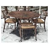 D - Wrought Iron Round Patio Table with 4 Cushioned Chairs