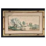 LL - Vintage Landscape Print - Trees by Water with House, Gold Frame