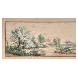 LL - Vintage Landscape Print - Trees by Water with House, Gold Frame