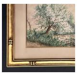 LL - Vintage Landscape Print - Trees by Water with House, Gold Frame