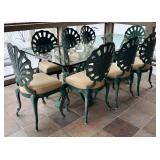 LLP - Teal Sunburst Patio Dining Set with Glass Table - 8 Cushioned Chairs