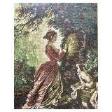 LL - Needlepoint Framed Art - Vintage Girl with Dog Outdoors