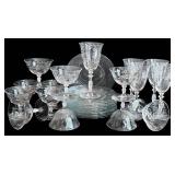 DR - Vintage Fostoria Arcady Etched Floral Glassware - 5 Goblets, 11 Champagne Coupes, 12 Plates, 7 1/4 in tall