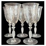 DR - Vintage Fostoria Arcady Etched Floral Glassware - 5 Goblets, 11 Champagne Coupes, 12 Plates, 7 1/4 in tall
